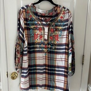 John Mark Colorful Plaid Tunic with Floral Embroidery